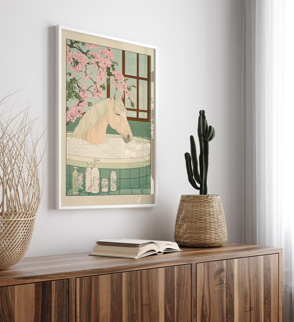 High-quality framed horse bathroom wall art with pastel tones and calm feel