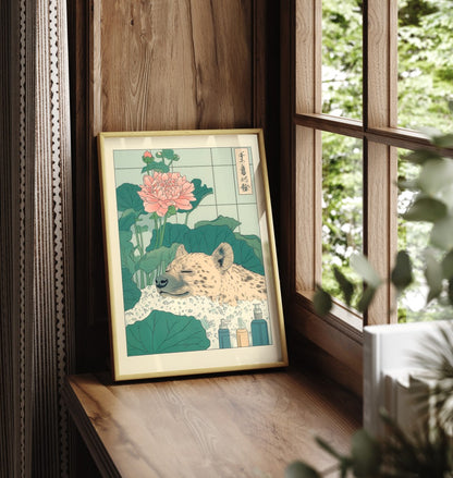 Framed hyena bathroom print with botanical accents and calm tones