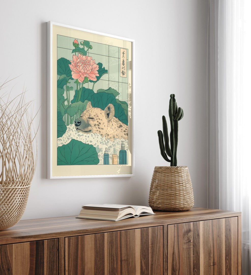 High-quality framed hyena bathroom wall art with floral background