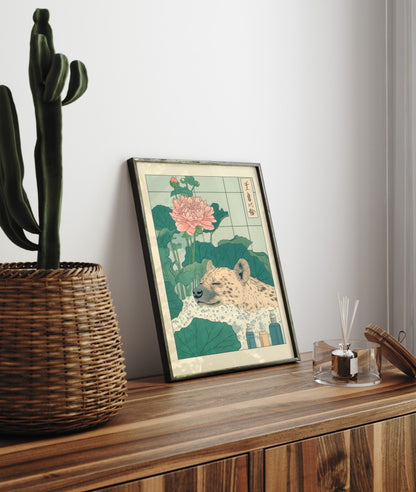 Framed bathroom decor featuring a calm hyena in a Japanese-style flower bath