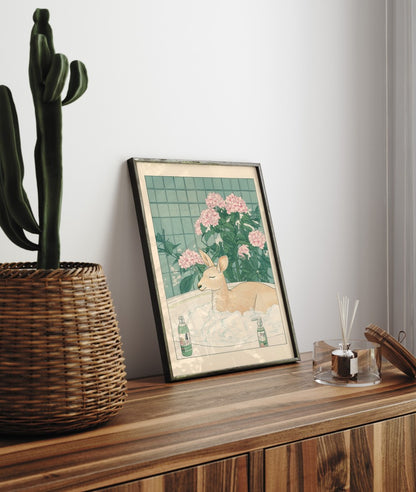 Framed bathroom decor featuring a relaxed kangaroo in a Japanese-style flower bath
