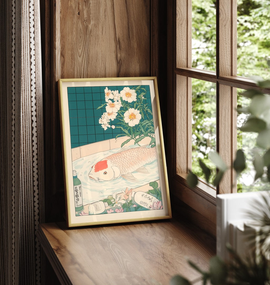 Framed koi bathroom print with floral accents and clean pastel tones