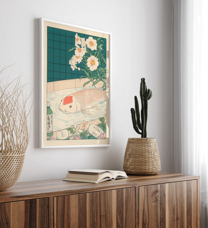 High-quality framed koi bathroom wall art with botanical and water elements