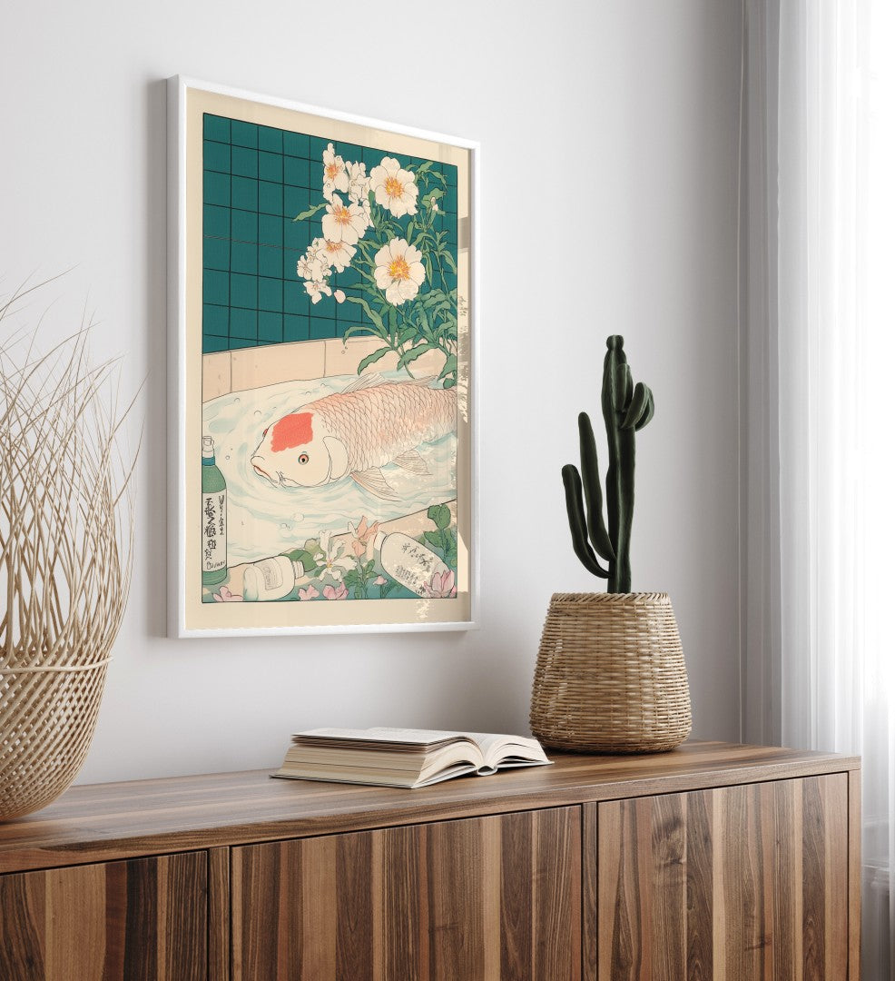 High-quality framed koi bathroom wall art with botanical and water elements