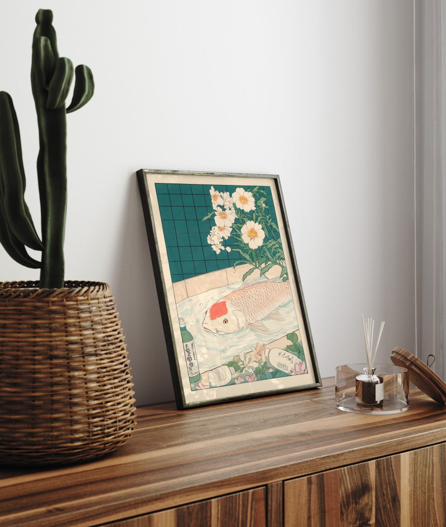 Framed bathroom decor featuring a peaceful koi in a Japanese-style floral scene