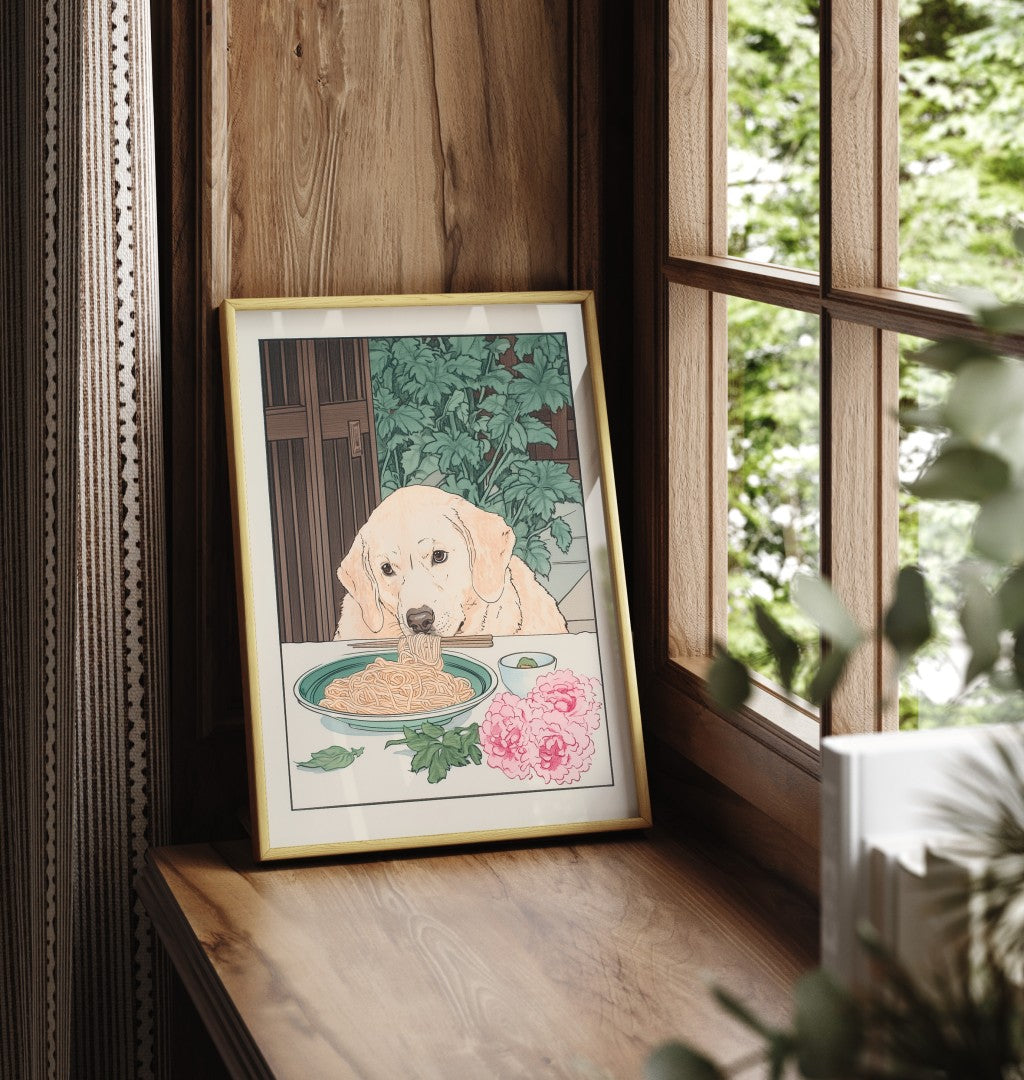 Whimsical art print of a Golden Lab slurping ramen, with flowers and green foliage in the background