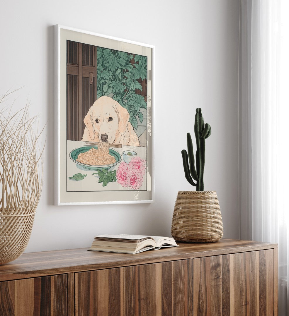 Framed wall art of a Labrador enjoying a bowl of ramen noodles in traditional Japanese setting