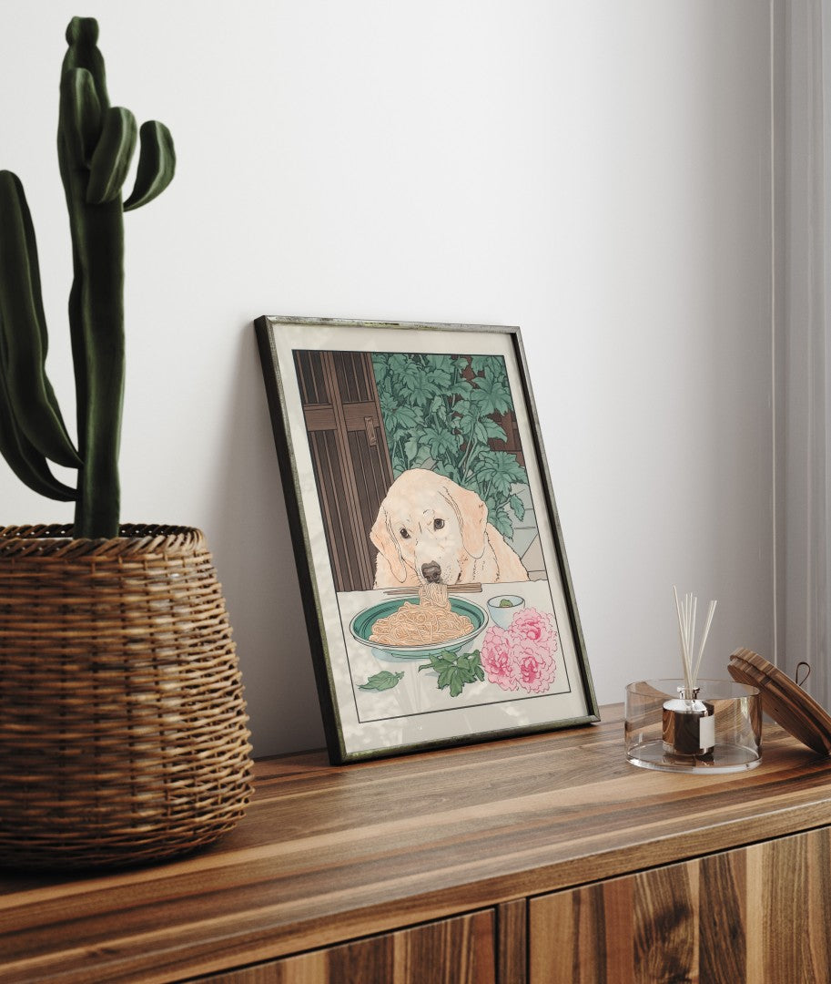 Playful dog print featuring a Labrador retriever eating noodles next to pink flowers