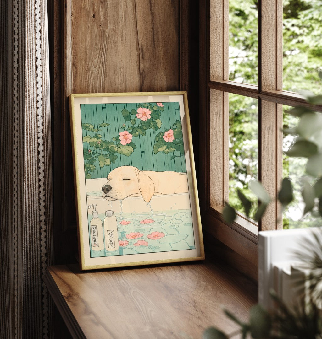 Framed Labrador bathroom print with botanical background and gentle tones