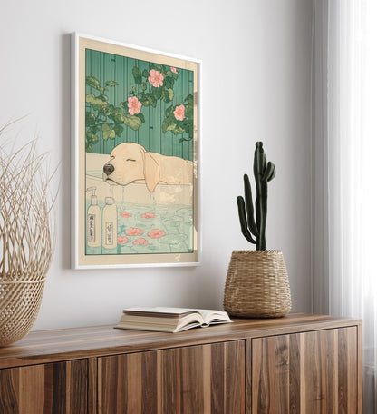 High-quality framed Labrador bathroom wall art with floral accents