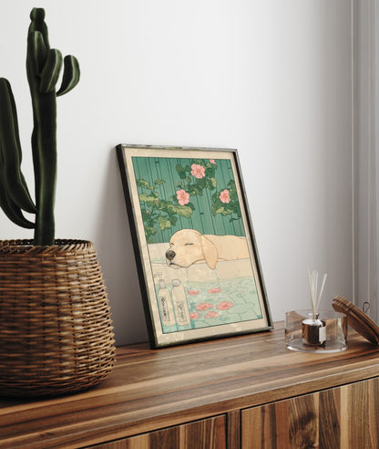 Framed bathroom decor featuring a beige Labrador in a Japanese-style flower bath