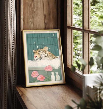 Framed bathroom print of a leopard in a warm, flower-filled soak