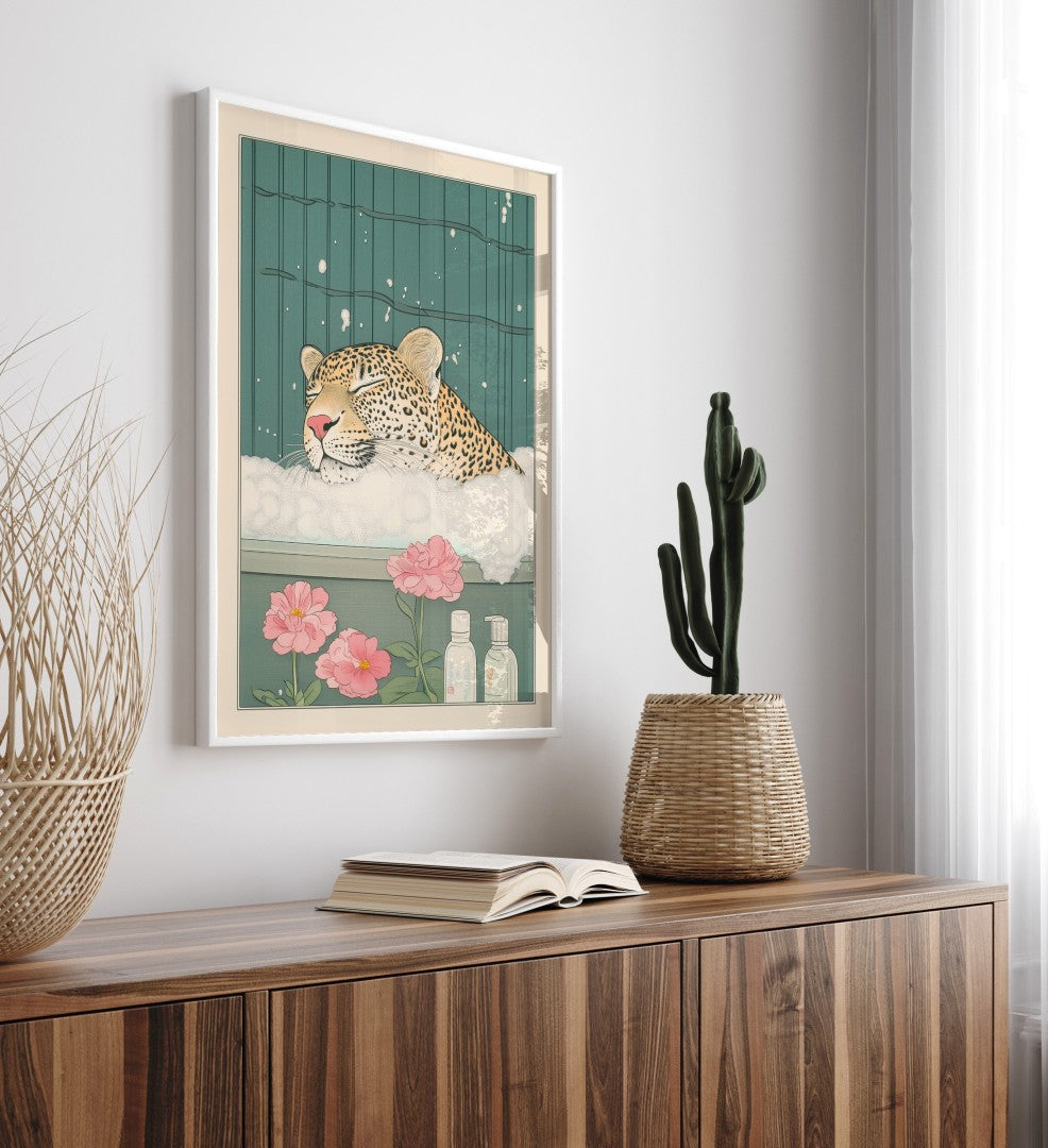 High-quality framed leopard bathroom wall art with gentle, clean detail