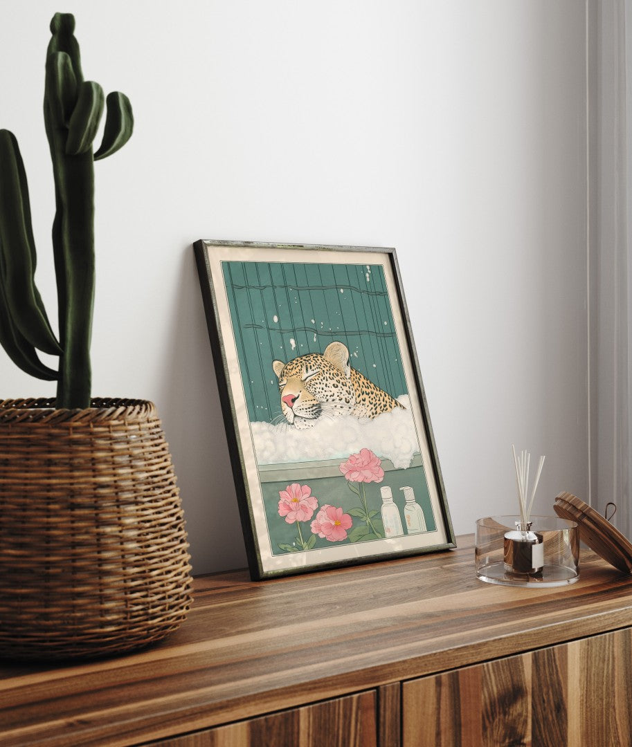Framed bathroom decor showing a relaxed leopard in a Japanese floral setting