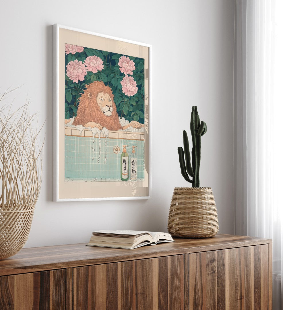 High-quality framed lion bathroom wall art with soft color palette