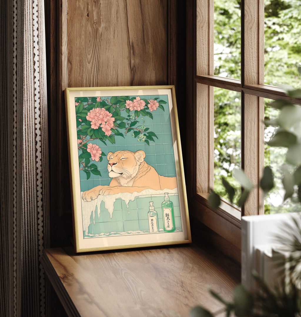 Framed lioness bathroom print with soft colors and a calm feel