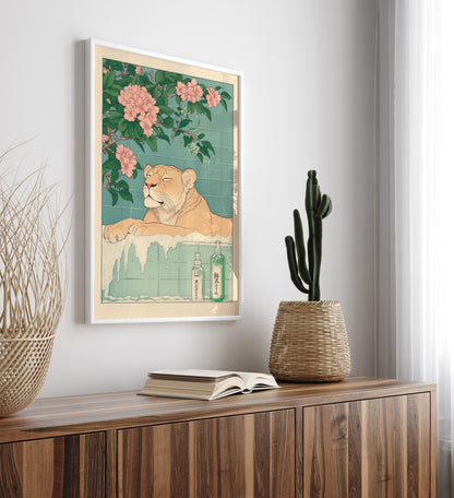 High-quality framed lioness bathroom wall art for peaceful bathroom decor