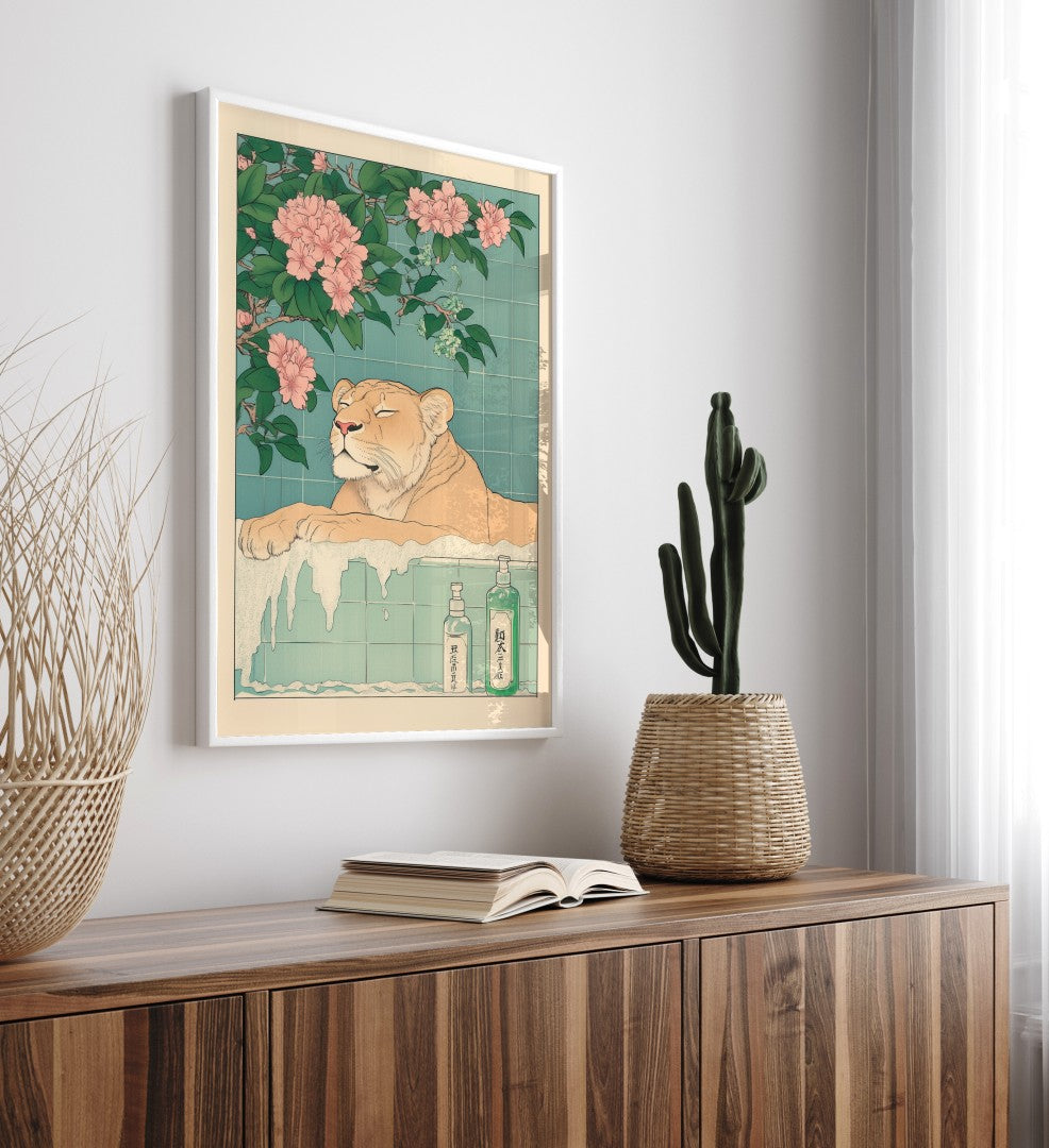 High-quality framed lioness bathroom wall art for peaceful bathroom decor