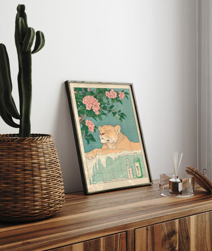 Framed bathroom decor featuring a relaxed lioness in a pastel flower bath