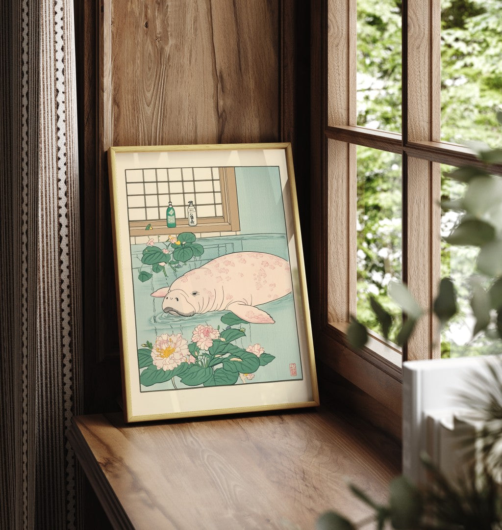 Framed manatee bathroom print with calm water and gentle tones
