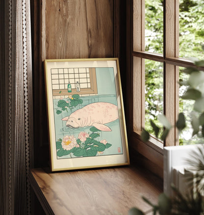 Framed manatee bathroom print with calm water and gentle tones