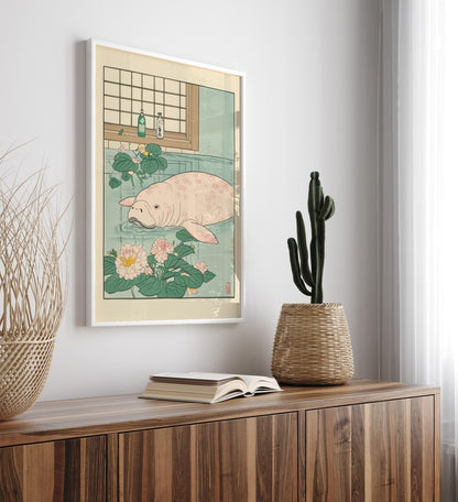 High-quality framed manatee bathroom wall art with botanical details