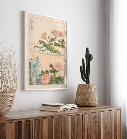 High-quality framed praying mantis bathroom wall art with calm natural feel