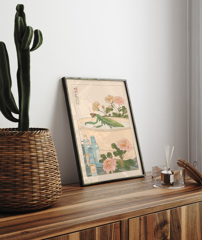 Framed bathroom decor featuring a praying mantis in a Japanese floral soak