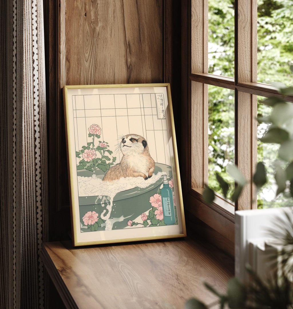 Framed meerkat bathroom print with light botanical background