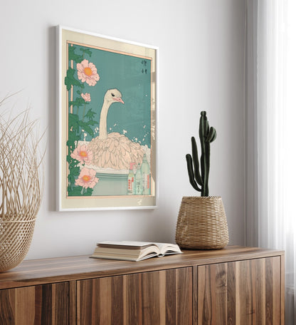 High-quality framed ostrich bathroom wall art with botanical accents and soft colors