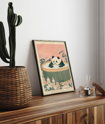 Framed bathroom decor showing a peaceful panda in a Japanese floral soak