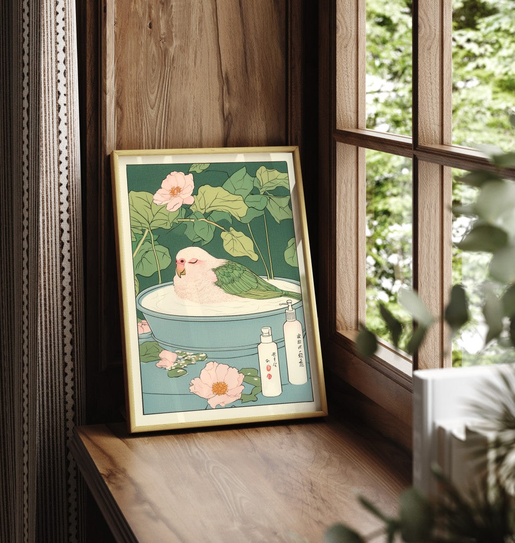 Framed bathroom wall art of a parakeet soaking in a flower-filled Japanese tub