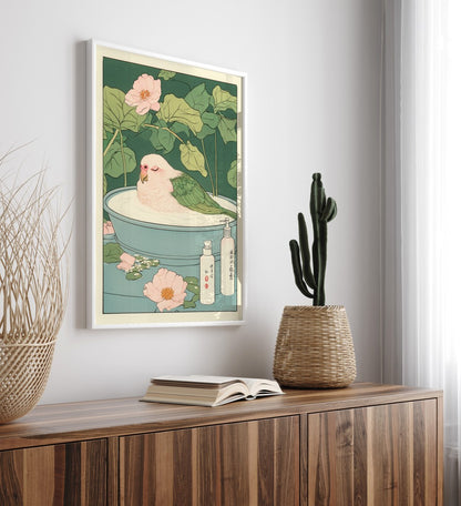 High-quality framed parakeet bathroom print with blossoms and soft botanical accents