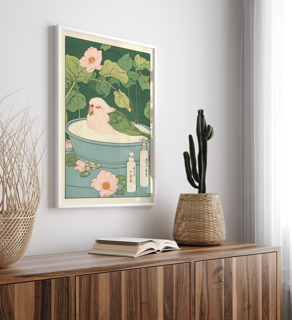 High-quality framed parakeet bathroom print with blossoms and soft botanical accents