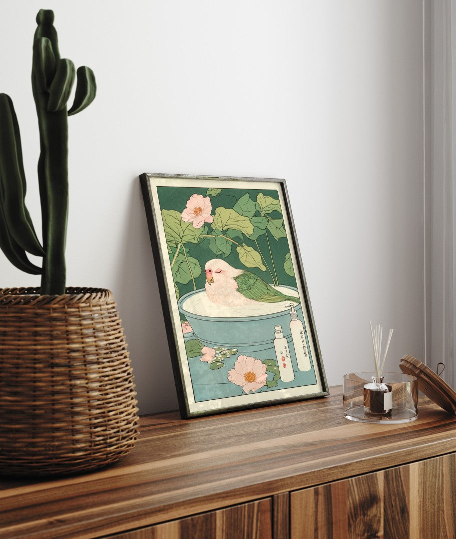 Framed bathroom decor featuring a peaceful parakeet in a tranquil floral bath