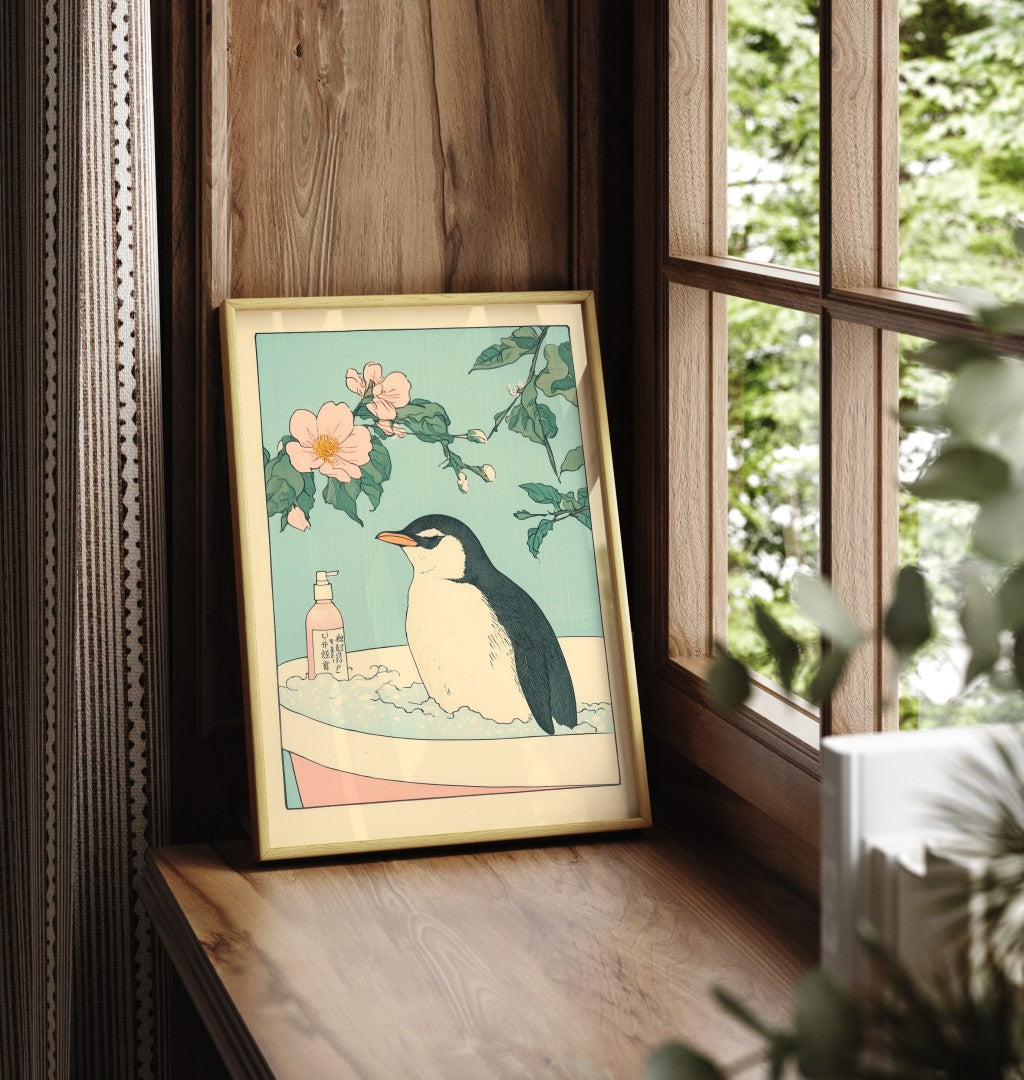 Framed penguin bathroom wall art with soft blossoms and a cozy bath setting