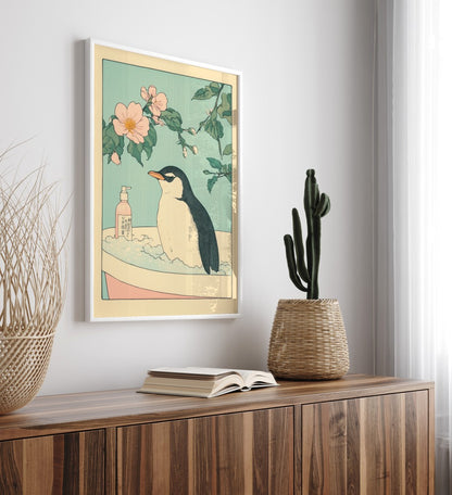 Framed bathroom decor showing a relaxed penguin in a warm, tranquil bath