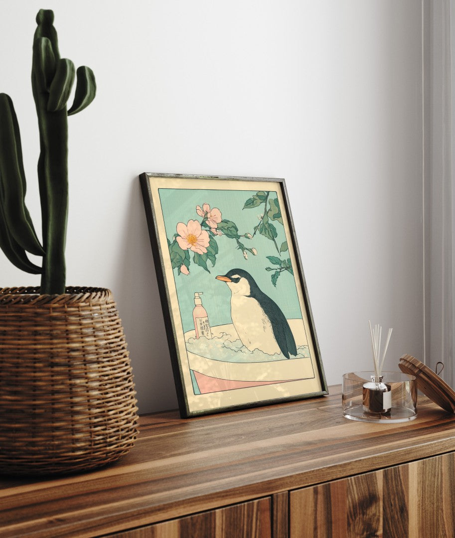 High-quality framed penguin bathroom print featuring floral accents and steam