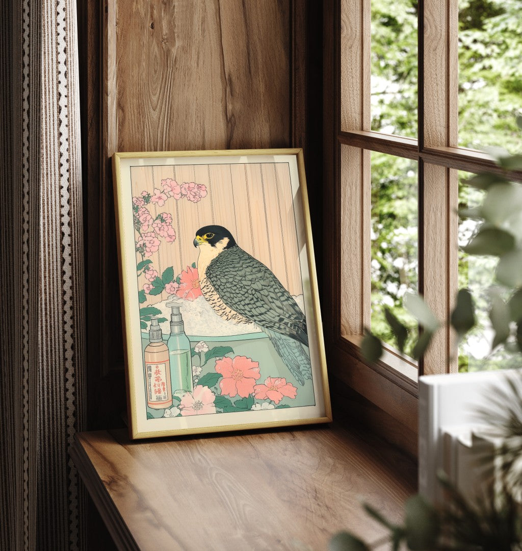 Framed peregrine falcon bathroom print with botanical flourishes and a tranquil vibe