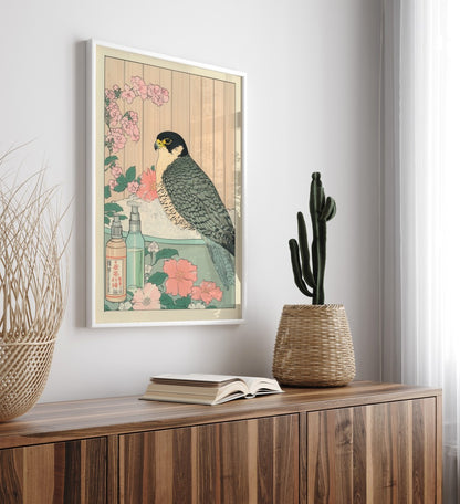 High-quality framed falcon bathroom wall art with floral accents and serene atmosphere