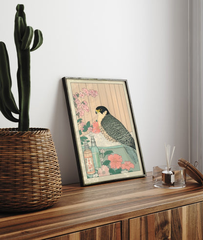 Framed bathroom decor showing a peregrine falcon resting in a gentle Japanese-style bath