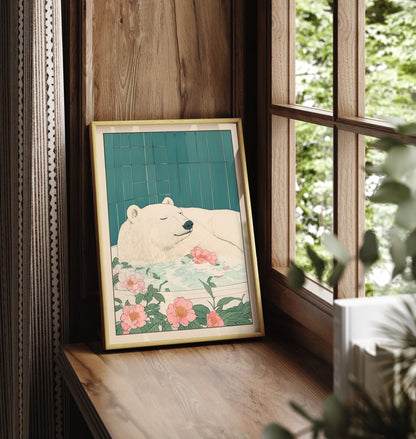 Framed artwork of a polar bear with flowers on a wooden surface near a window.