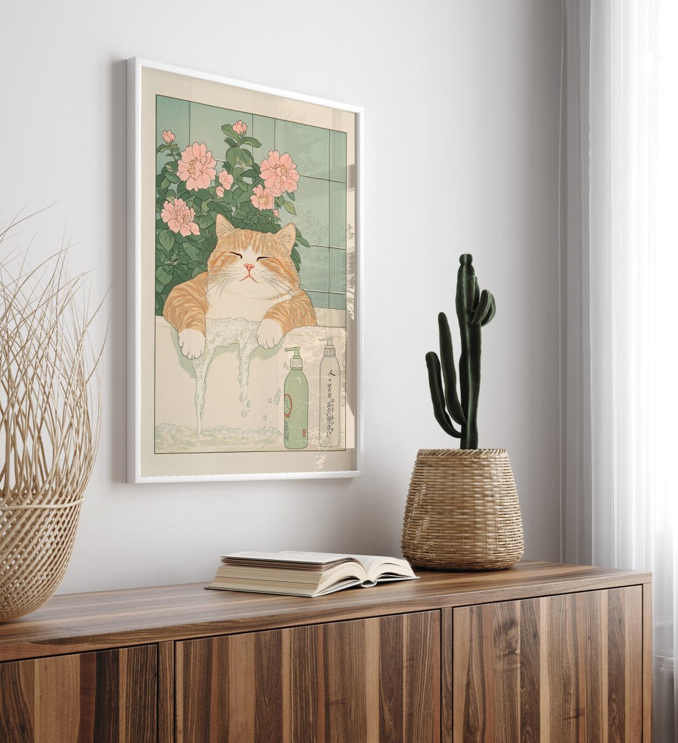 Framed cat-themed bathroom decor showing a tranquil tabby soaking in a Japanese-inspired bath