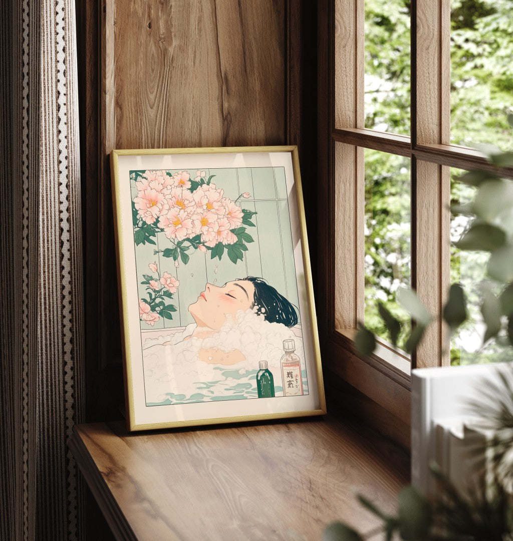 Framed bathroom print of a woman in a Japanese-inspired flower bath