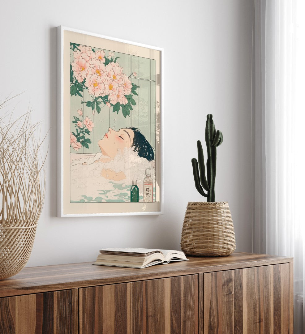 High-quality framed bathroom wall art with woman soaking under soft pastel florals