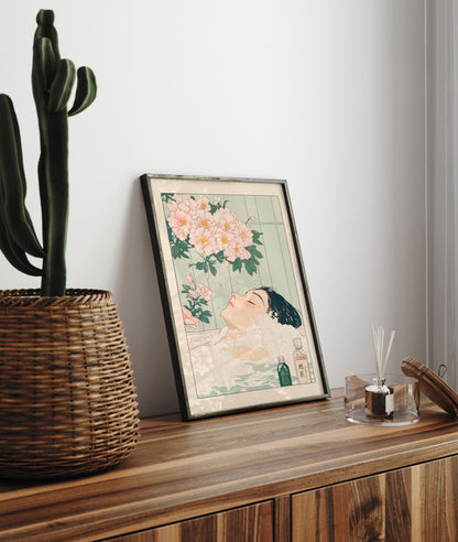 Framed bathroom decor showing a peaceful woman in a floral bubble bath