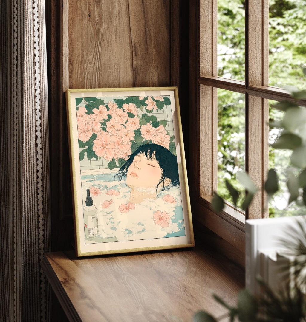 Framed bathroom print of woman relaxing beneath blooming Japanese florals