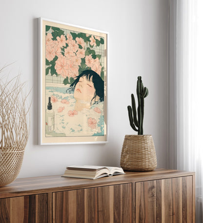 High-quality framed bathroom wall art featuring a serene woman in floral water