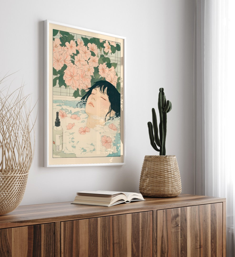 High-quality framed bathroom wall art featuring a serene woman in floral water