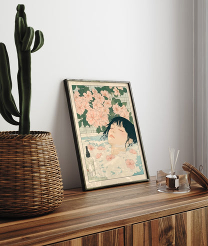 Framed bathroom decor showing a peaceful woman resting in a pastel flower bath